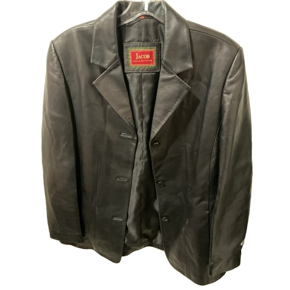 Jacob Collection Leather Jacket Black Button Up Classic